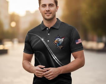 Patriotic Eagle Golf Polo Shirt for Men, American Flag Black Polo Tee, USA Freedom Polo Shirt, Stylish Independence Day Gift for Him