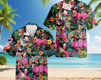 Camisa hawaiana divertida con flamencos, camisa hawaiana tropical rosa con flamencos para hombres y mujeres, camisa de regalo divertida