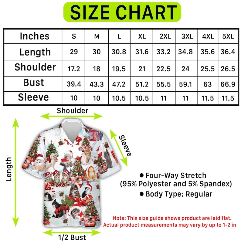 May include: White button-down shirt with a festive print of cats and dogs wearing Santa hats and surrounded by Christmas trees. The image includes a size chart with measurements in inches for length, shoulder, bust, and sleeve.
