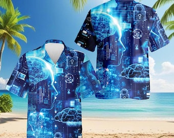 AI cyberpunk Hawaïaans shirt, kunstmatige intelligentie Aloha shirt, futuristische tech hersenen button-down, digitale geest vakantie shirt geek cadeau