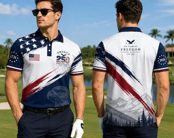 USA Patriotic Golf Polo Shirt, 250th Anniversary Freedom Eagle Shirt, 1776–2026 Mens Independence Day Polo
