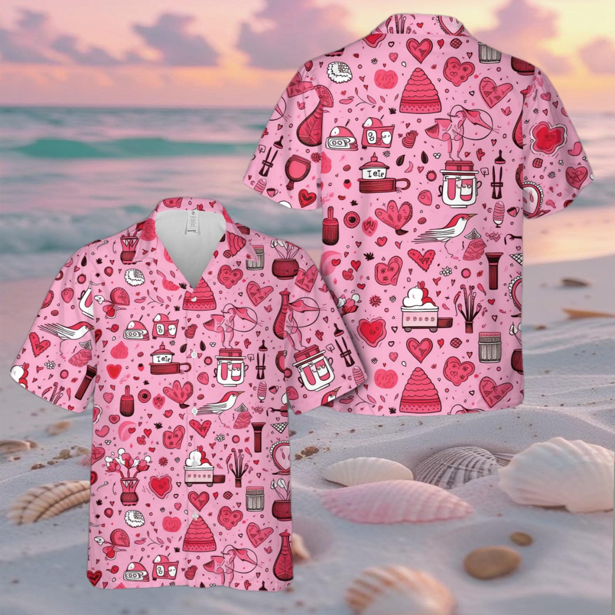 Discover Pink Love Doodle Hawaiian Shirt, Valentine Icons Aloha Shirt, Cute Romantic Sketch Print Button Down, Couples Gift
