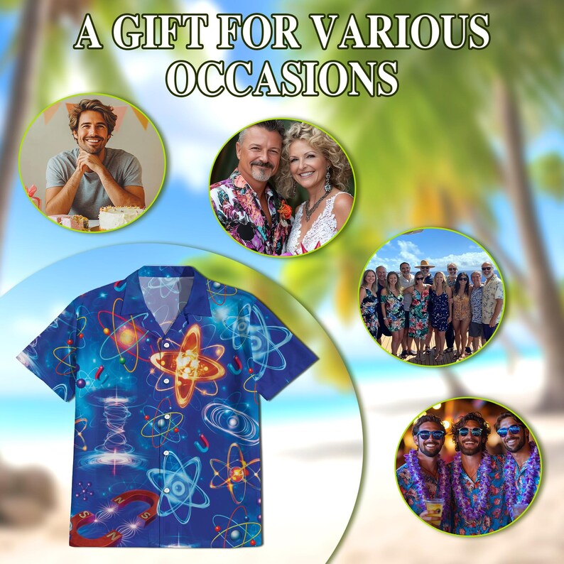 May include: A blue short-sleeved shirt with a science-themed pattern of atoms and energy fields. The image includes the text "A Gift For Various Occasions" and several circular photos of people.