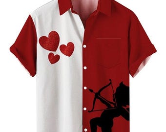 Cupid Lover Valentine Hawaiian Shirt, Heart Print Aloha Shirt, Romantic Vacation Shirt, Red White Love Button Down, Cute Couples Gift Top