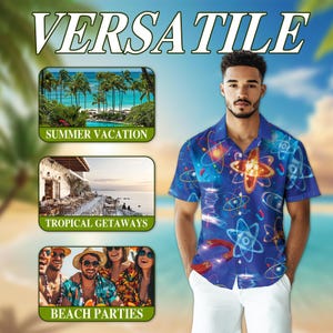 May include: A man in a blue, short-sleeved shirt with a science-themed design, paired with white trousers. The image features the word "VERSATILE" and three smaller images with the text: "SUMMER VACATION", "TROPICAL GETAWAYS", and "BEACH PARTIES".