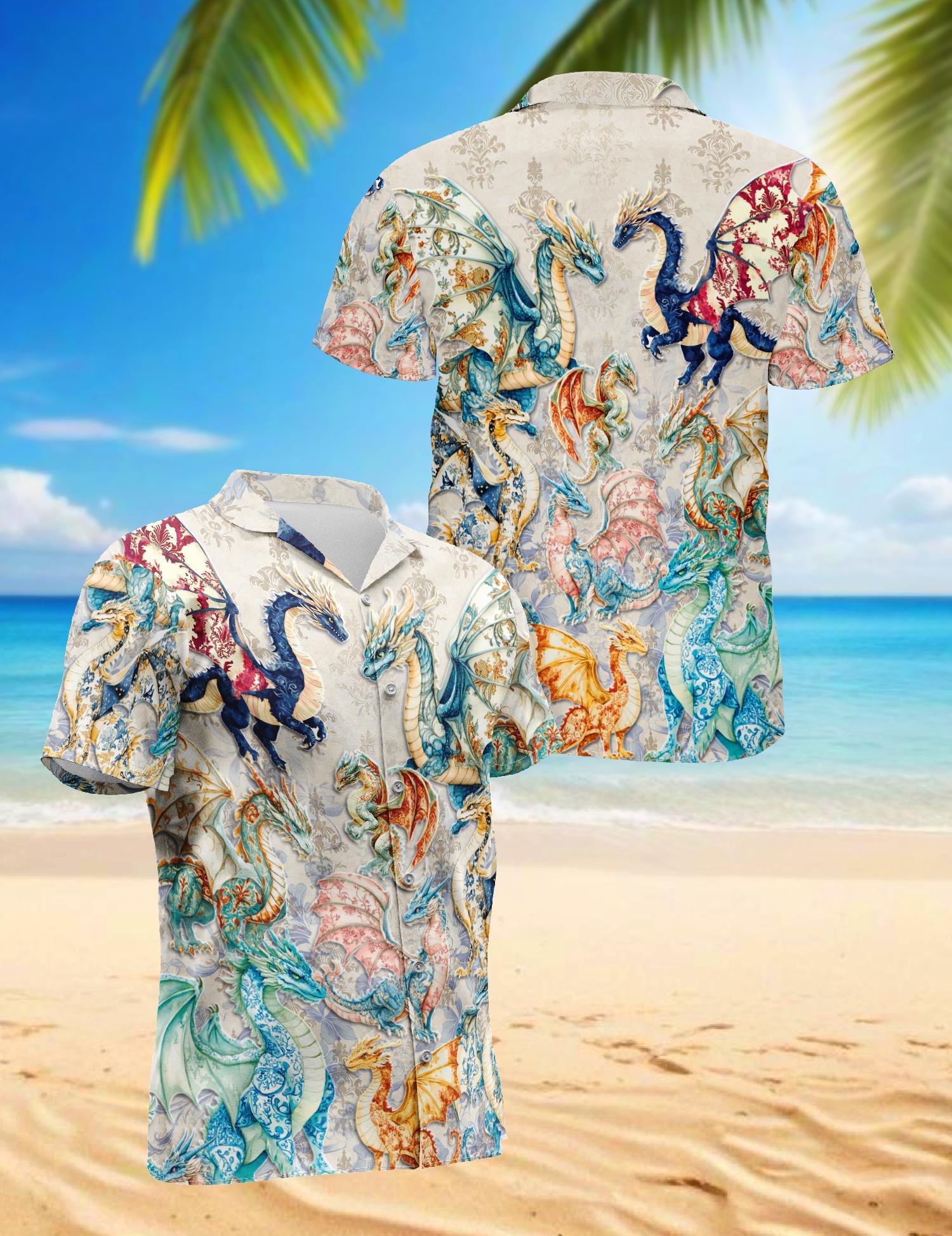 Discover Vintage Dragon Hawaiian Shirt with Artistic Mythical Dragon Print Summer Beach Aloha Shirt