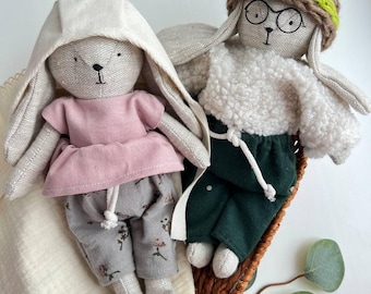 Conejito de lino hecho a mano, estilo Waldorf, decoración infantil.