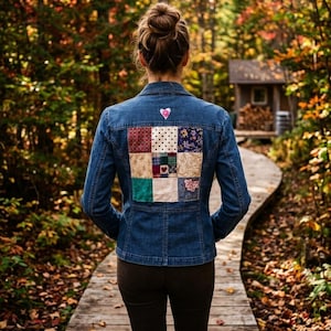May include: A blue denim jacket featuring a square patchwork panel on the back composed of nine distinct fabric squares in various patterns and colours, including polka dots, floral prints, and solid textures, with a small heart icon above the panel.