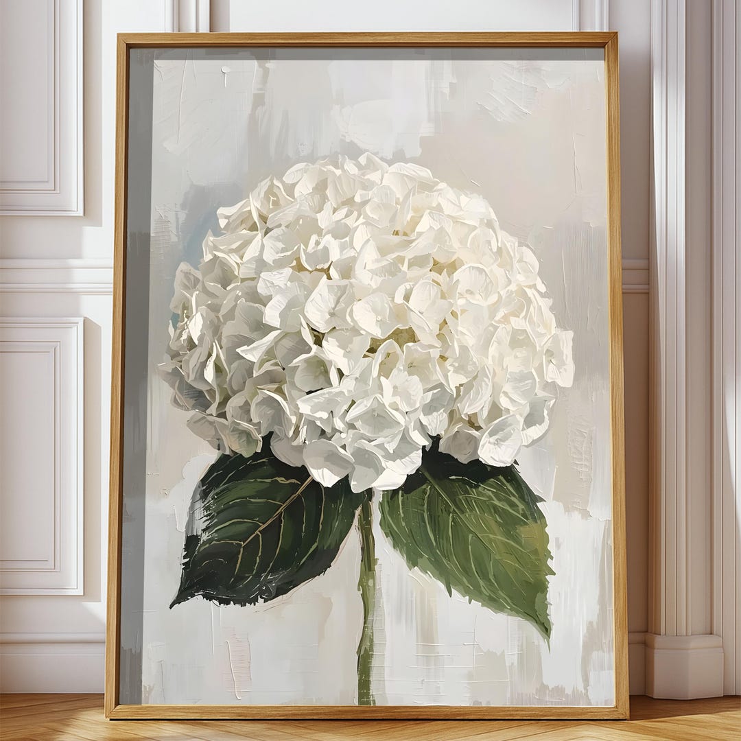 White Hydrangea Wall Art Printable, Neutral Floral Painting (digital ...