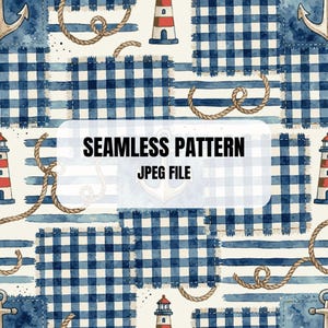Op de afbeelding: Naadloos patroon met nautische elementen. Het ontwerp bevat blauw-witte ruitjes, vuurtorens, ankers en touwdetails. De tekst "SEAMLESS PATTERN" en "JPEG FILE" is ook aanwezig in de afbeelding.