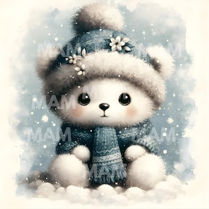 May include: A watercolour illustration of a white teddy bear wearing a blue winter hat with floral accents, a matching scarf, and a sweater. The bear is sitting in a snowy scene with snowflakes falling. The bear has rosy cheeks and big black eyes.
