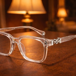 May include: Clear, square-framed eyeglasses with decorative silver accents on the temples. The glasses are set on a dark wooden surface, with a soft-focus background featuring warm lighting.