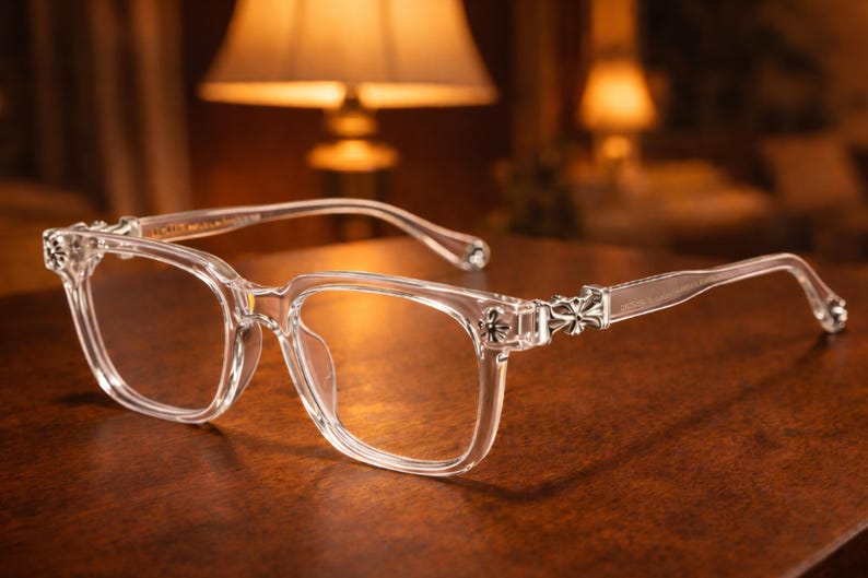 May include: Clear, square-framed eyeglasses with decorative silver accents on the temples. The glasses are set on a dark wooden surface, with a soft-focus background featuring warm lighting.
