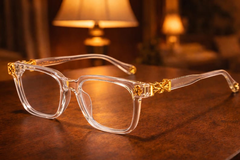 May include: Clear eyeglasses with a square frame and gold-colored decorative accents on the temples. The glasses are set against a warm, brown background, with a soft light illuminating the scene.