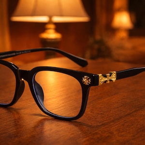 May include: Black eyeglasses with a square frame and gold-colored decorative accents. The temples and hinges feature ornate gold crosses and floral designs. The lenses are clear, and the glasses sit on a wooden surface.