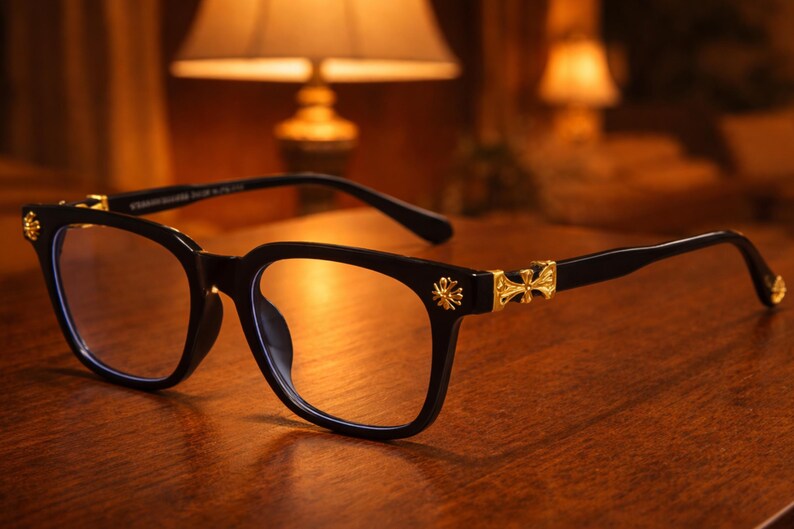 May include: Black eyeglasses with a square frame and gold-colored decorative accents. The temples and hinges feature ornate gold crosses and floral designs. The lenses are clear, and the glasses sit on a wooden surface.