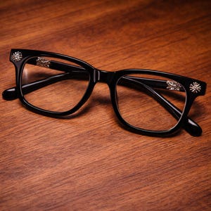 May include: Black eyeglasses with a classic rectangular frame design. The temples feature silver-colored decorative accents. The glasses are set against a warm, wooden surface, highlighting their sleek, modern aesthetic.