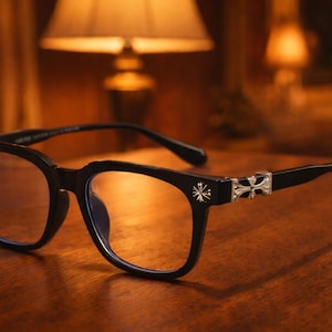 May include: Black-framed eyeglasses with a square shape and silver decorative accents on the temples. The lenses have a slight blue tint. The glasses are set on a wooden surface.