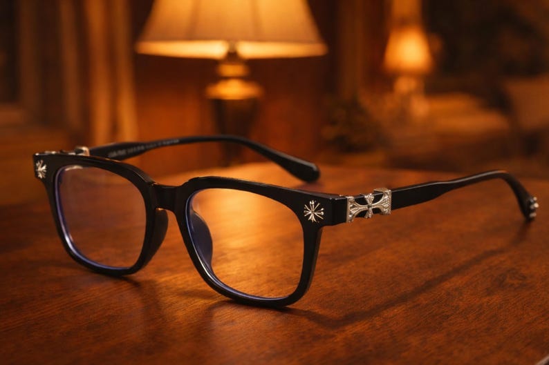 May include: Black-framed eyeglasses with a square shape and silver decorative accents on the temples. The lenses have a slight blue tint. The glasses are set on a wooden surface.