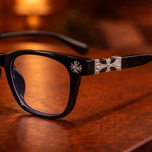May include: Black eyeglasses with a rectangular frame and silver decorative accents. The temples feature ornate silver embellishments. The lenses are clear, and the glasses sit on a wooden surface.