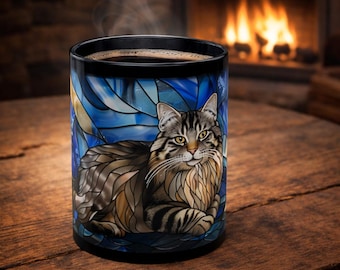Siberian Cat Mug, Stained Glass Feline Art Coffee Mug