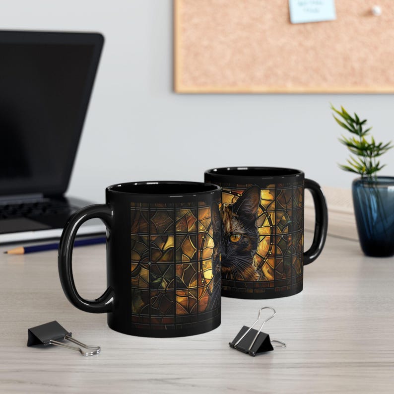 Tortoiseshell Cat Stained Glass Mug Calico Style Cat Coffee Mug Artistic Feline Pet Lover Gift image 2