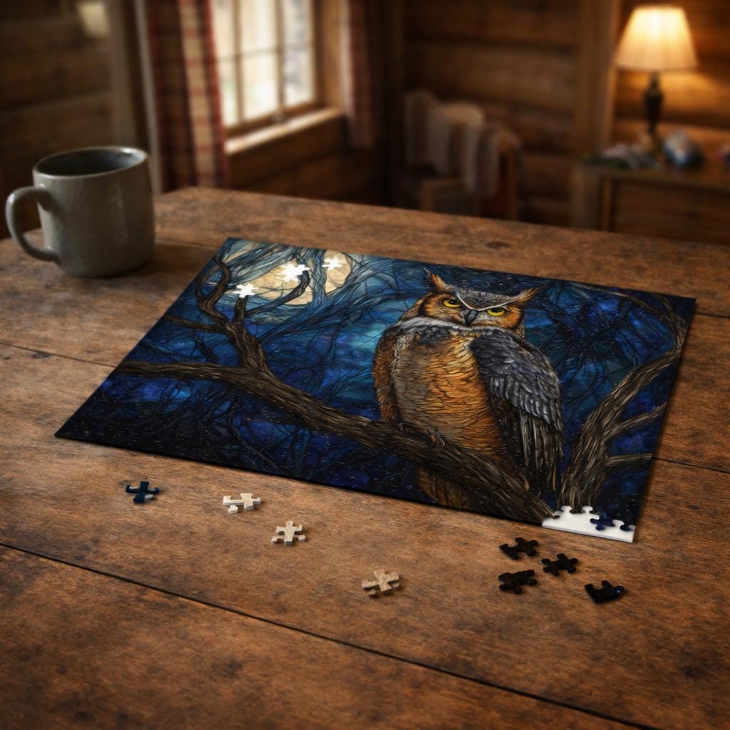 Great Horned Owl Puzzle Moonlit Forest Wildlife Jigsaw 500 Piece Night Nature Fine Art Masterpiece