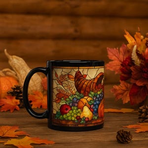 May include: Black ceramic mug featuring a stained-glass style illustration of a cornucopia overflowing with fruits and vegetables. The design includes a horn of plenty, grapes, pears, and apples. The mug has a black handle and rim, perfect for fall.