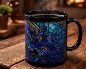 Octopus Stained Glass Mug Ocean Coffee Cup Nautical Cabin Gift Marine Life Wildlife Art Mug