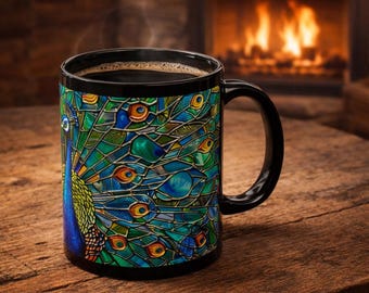 Peacock Indian Garden Stained Glass Mug Colorful Peacock Coffee Mug Nature Art Gift Vibrant Wildlife Mug