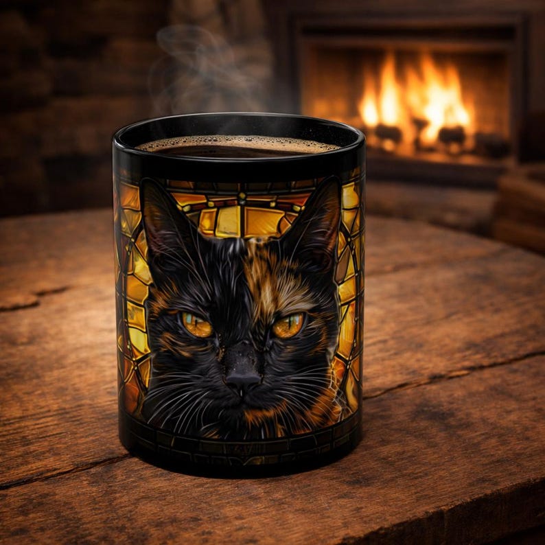 Tortoiseshell Cat Stained Glass Mug Calico Style Cat Coffee Mug Artistic Feline Pet Lover Gift image 1