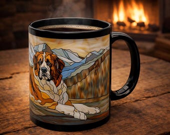 Saint Bernard Stained Glass Mug Mountain Dog Coffee Mug Alpine Dog Art Pet Lover Gift Cozy Cabin Mug