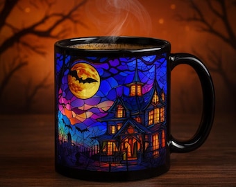 Stained Glass Haunted House Mug: Spooky Halloween Coffee Cup