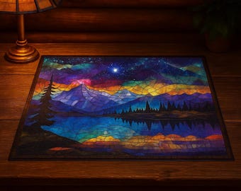 Könnte beinhalten: Ein farbenfrohes Puzzle, das eine Berglandschaft mit einem See unter einem Sternenhimmel zeigt. Das Puzzle hat einen Buntglaseffekt mit leuchtenden Blau-, Lila-, Orange- und Gelbtönen. Auf der linken Seite des Puzzles ist ein einzelner Baum zu sehen.