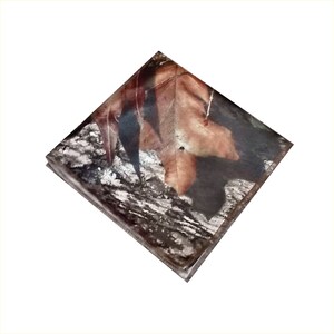 May include: A square piece of fabric with a camouflage pattern featuring brown, gray, and white colors. A large brown leaf with a red hue is visible in the center of the fabric.