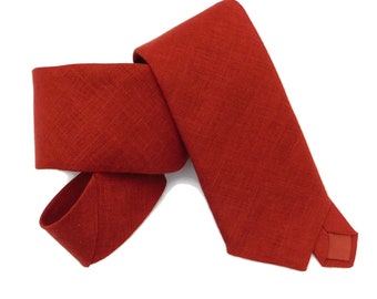 Barn red hopsack textured linen necktie with matching pocket square option