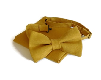 Honey mustard linen bow tie and matching pocket square.