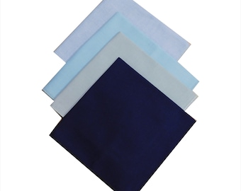 Blue pocket squares, dusty slate,  ice blue, royal, aqua, and light navy cotton pocket handkerchiefs