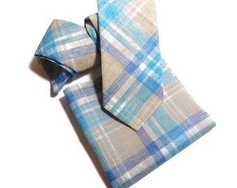 Blue and tan tartan plaid linen look necktie with matching pocket square option