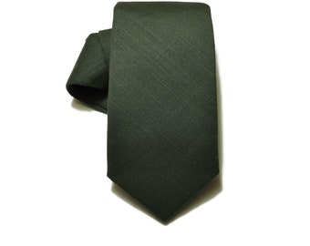 Dark olive green linen look textured necktie with matching pocket square option