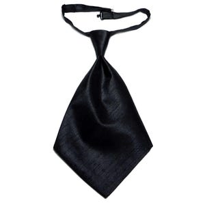 May include: A black ascot tie with a textured finish. The tie has an adjustable neckband and a diamond-shaped front. This formal neckwear is suitable for various occasions.