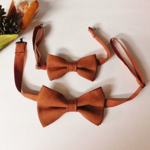 Rust hopsack linen bowties, pre-tied for adults, youth and toddlers, you choose.