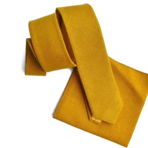 Spicy mustard hopsack textured linen tie slim skinny standard linen burlap yellow necktie with pocket square option