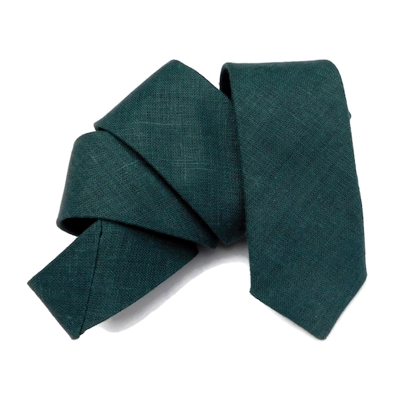 Dark green evergreen hopsack textured linen tie slim skinny standard linen burlap necktie