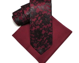 Merlot and black lace necktie for adults with pocket square option for men