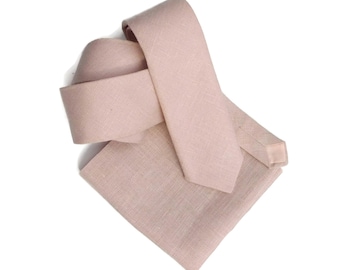 Dusty pink hopsack textured linen necktie with pocket square option skinny, slim, standard you choose