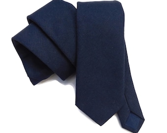 Navy blue linen necktie skinny, standard soft linen tie