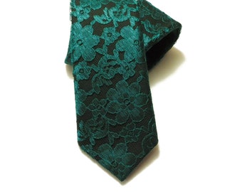 Black cotton and dark green lace necktie with pocket square option