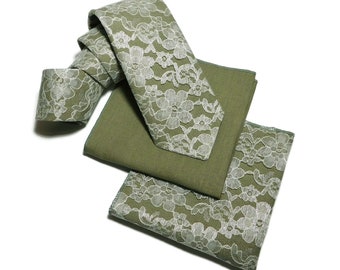 Sage linen and ivory lace necktie with pocket square option