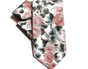 Dusty roses and sage green leaves necktie with pocket square option; standard for adults